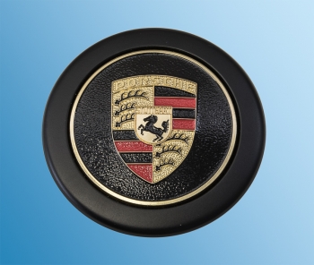 Nabendeckel schwarz mit farbigem Emblem, Durchmesser 71mm, mit Ring für Fuchsfelge für Porsche 911  91136103260, SOW91103811