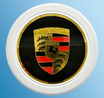 Nabendeckel weiß mit farbigen Emblem, Durchmesser 71mm, mit Ring für Fuchsfelge für Porsche 911  91191103812,SOW91103812,91136103229,91136103232