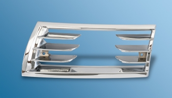 Horn grille, left, chrome, cast aluminum, 2-bolt, with opening for additional headlights for Porsche 911, 65-68  PCG55943125
