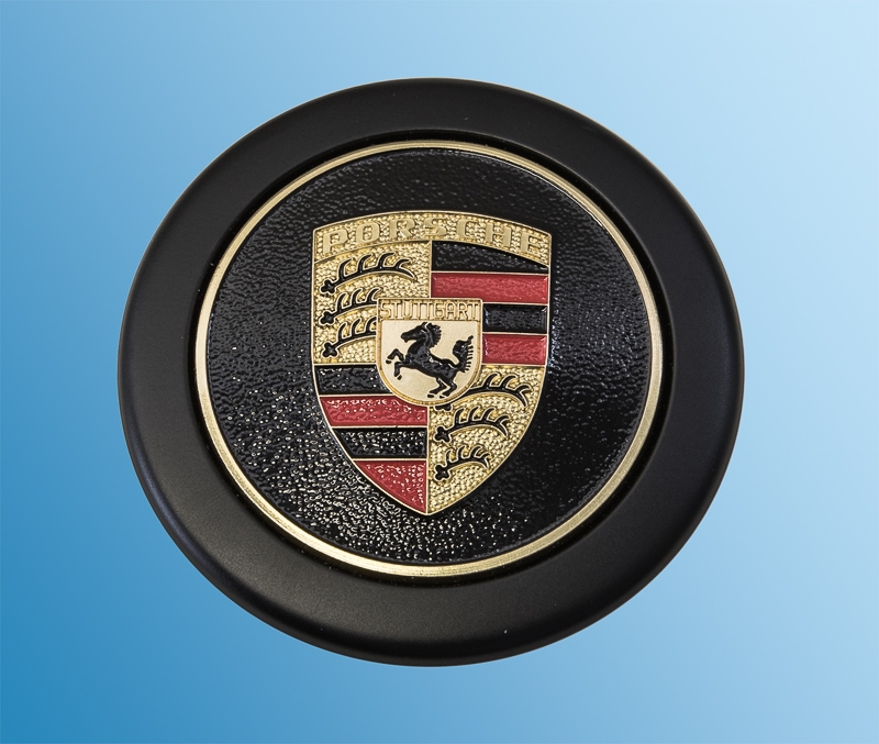 Nabendeckel schwarz mit farbigem Emblem, Durchmesser 71mm, mit Ring für Fuchsfelge für Porsche 914  91136103260, SOW91103811