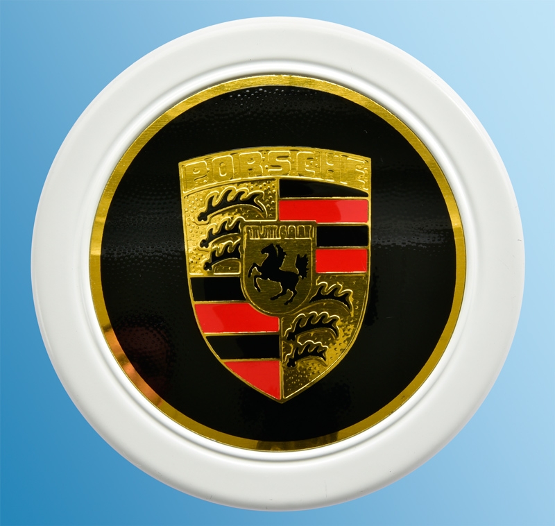 Hub cover white with coloured emblem, diameter 71mm, with ring for Fuchsfelge for Porsche 911  91191103812,SOW91103812,91136103229,91136103232